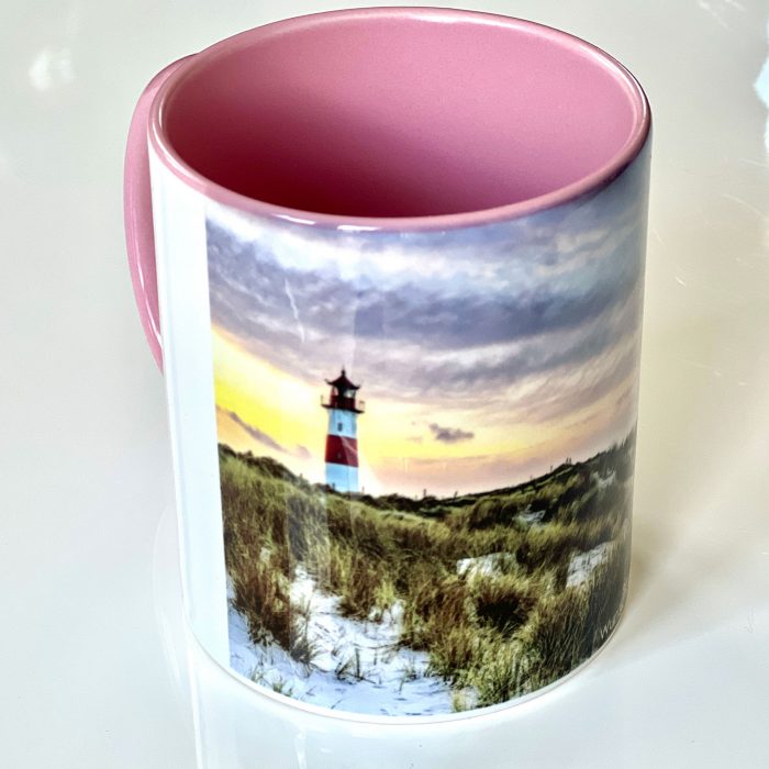 Keramik-Becher - Motiv Leuchtturm Sylt - pink / rosa - WunschBilder.com