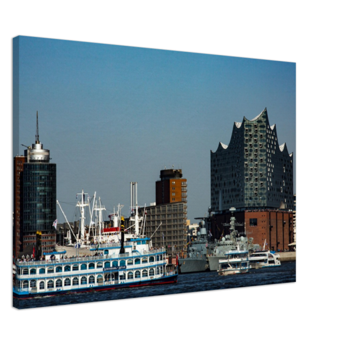 Schiffsparade vor der Hamburger Elbphilharmonie – Fotokunst auf Canvas Leinwand