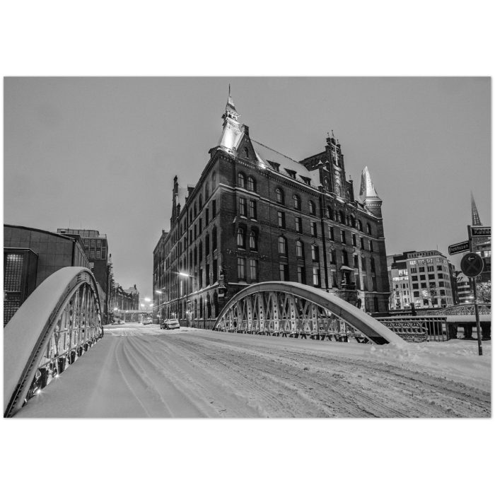 Kannengießer Brücke im Winter – Schwarz-Weiss Fotografie auf Aludibond Leinwand