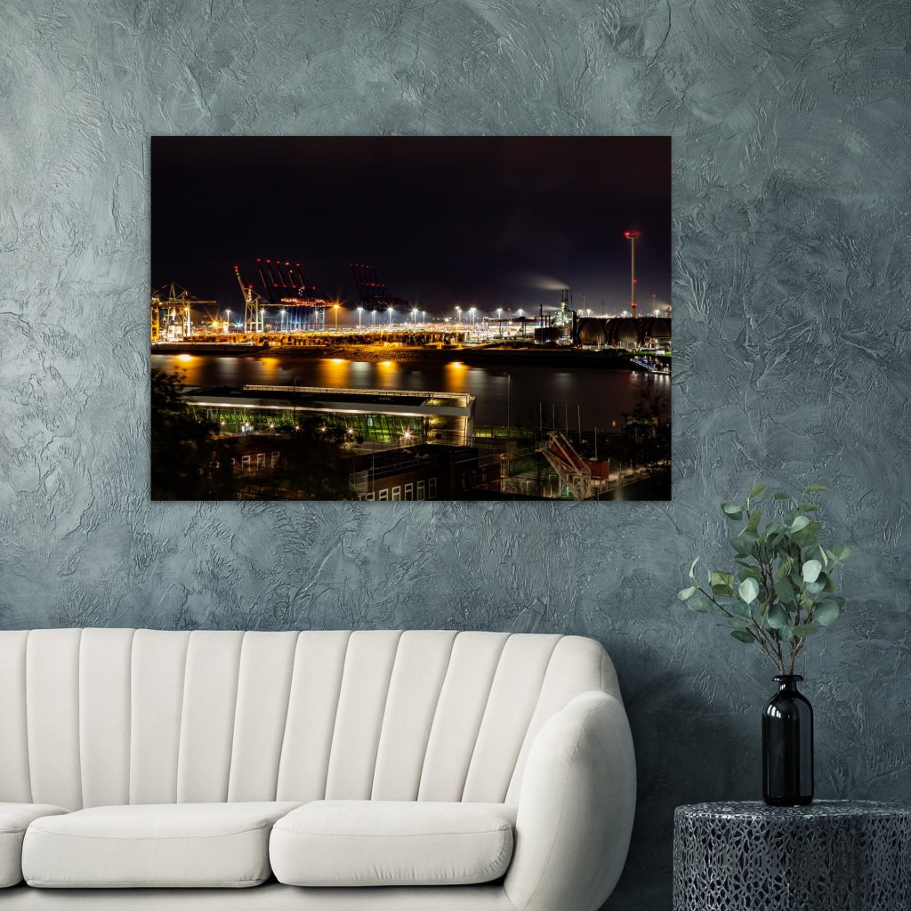 Eindrucksvolles Hafen-Panorama – Altonaer Balkon - Hamburg Bilder für das Wohnzimmer auf Aludibond Leinwand